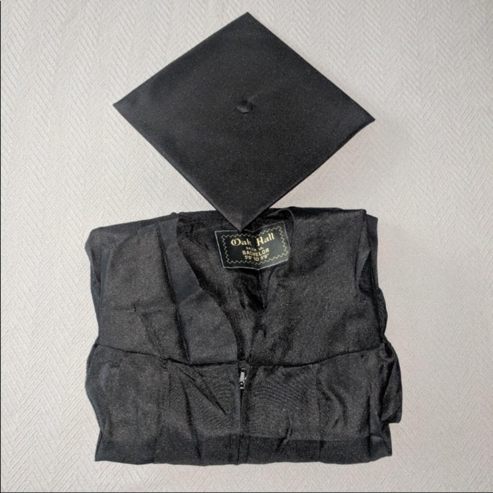 Black graduation cap and gown.